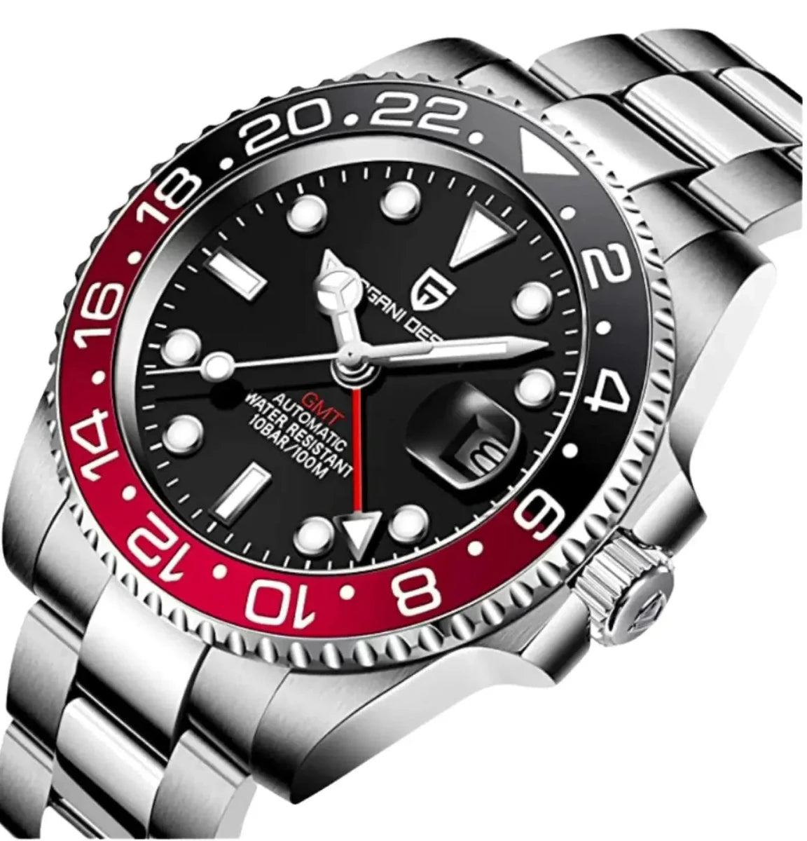 Pagani Design-Pagani Design PD-1662 Coke GMT Automatic Black & Red Bezel Stainless Steel Men's Watch-Wristbear-3