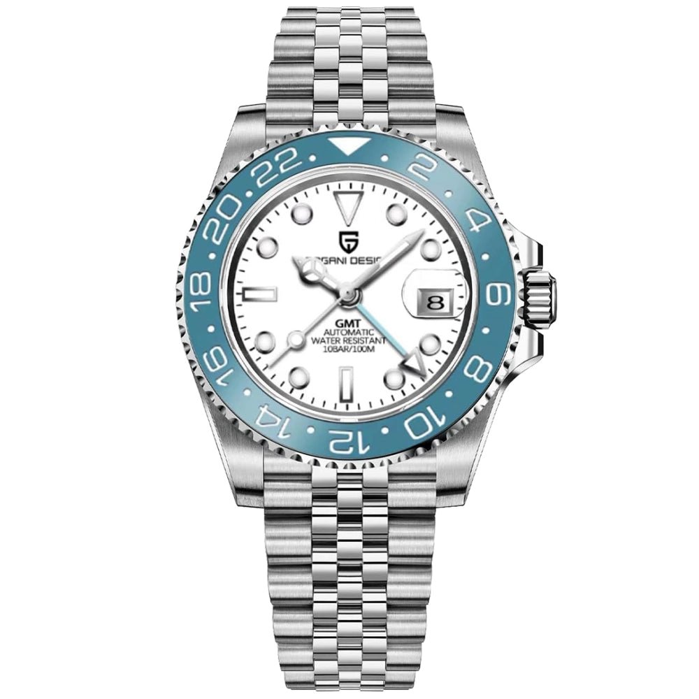 Pagani Design-Pagani Design PD-1662 GMT Automatic White Dial Blue Bezel Stainless Steel Men's Watch-Wristbear-1