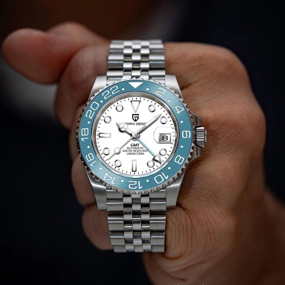 Pagani Design-Pagani Design PD-1662 GMT Automatic White Dial Blue Bezel Stainless Steel Men's Watch-Wristbear-4