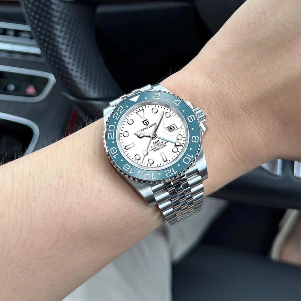 Pagani Design-Pagani Design PD-1662 GMT Automatic White Dial Blue Bezel Stainless Steel Men's Watch-Wristbear-2