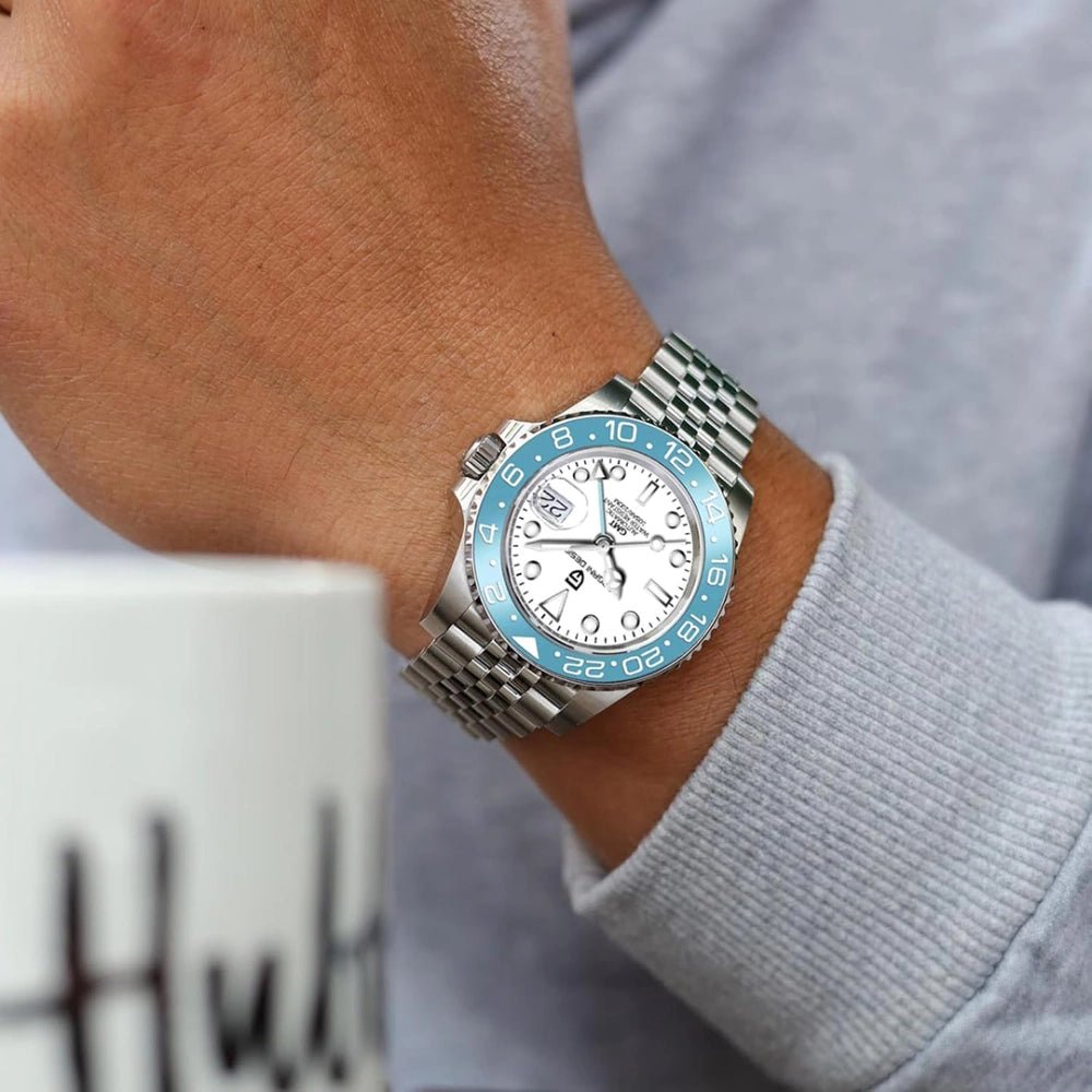 Pagani Design-Pagani Design PD-1662 GMT Automatic White Dial Blue Bezel Stainless Steel Men's Watch-Wristbear-3