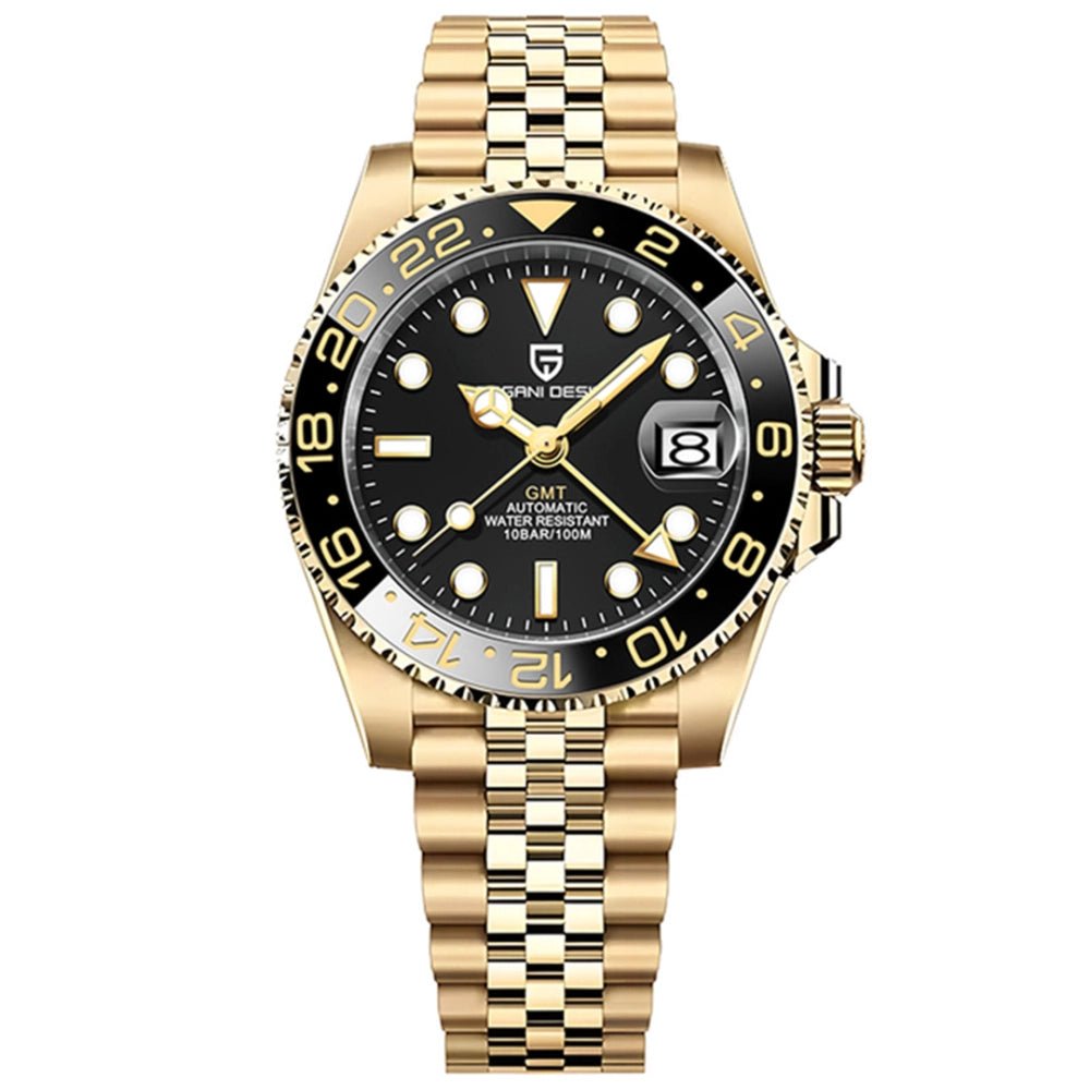 Pagani Design-Pagani Design PD-1662 Gold GMT Automatic Black Bezel Gold-Tone Stainless Steel Men's Watch-Wristbear-1