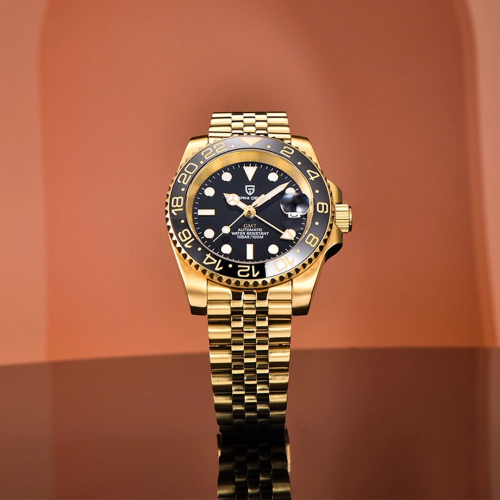 Pagani Design-Pagani Design PD-1662 Gold GMT Automatic Black Bezel Gold-Tone Stainless Steel Men's Watch-Wristbear-4