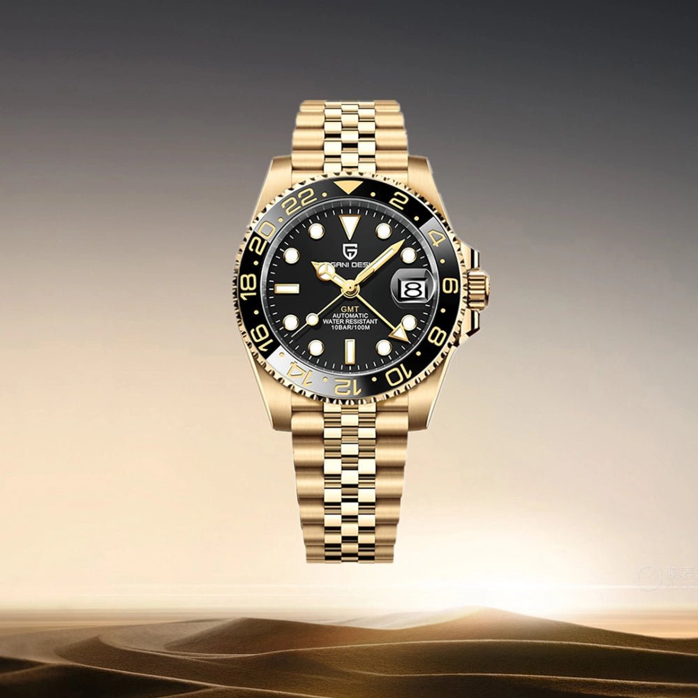 Pagani Design-Pagani Design PD-1662 Gold GMT Automatic Black Bezel Gold-Tone Stainless Steel Men's Watch-Wristbear-2