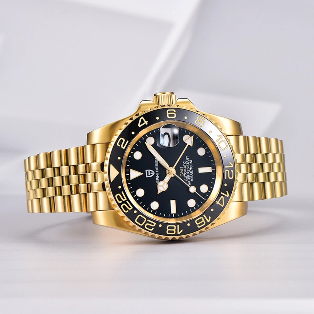 Pagani Design-Pagani Design PD-1662 Gold GMT Automatic Black Bezel Gold-Tone Stainless Steel Men's Watch-Wristbear-5