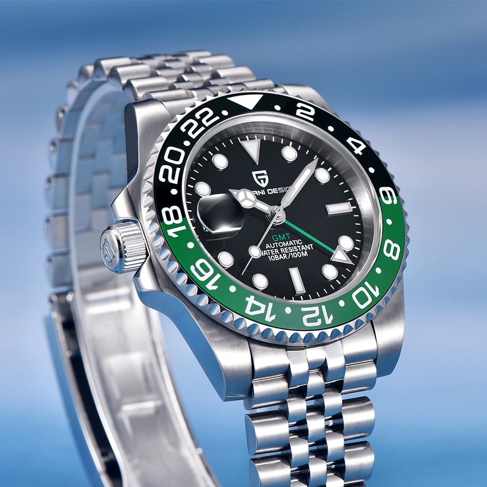 Pagani Design-Pagani Design PD-1662 Sprite GMT Automatic Left-Hand Black & Green Bezel Stainless Steel Men's Watch-Wristbear-4