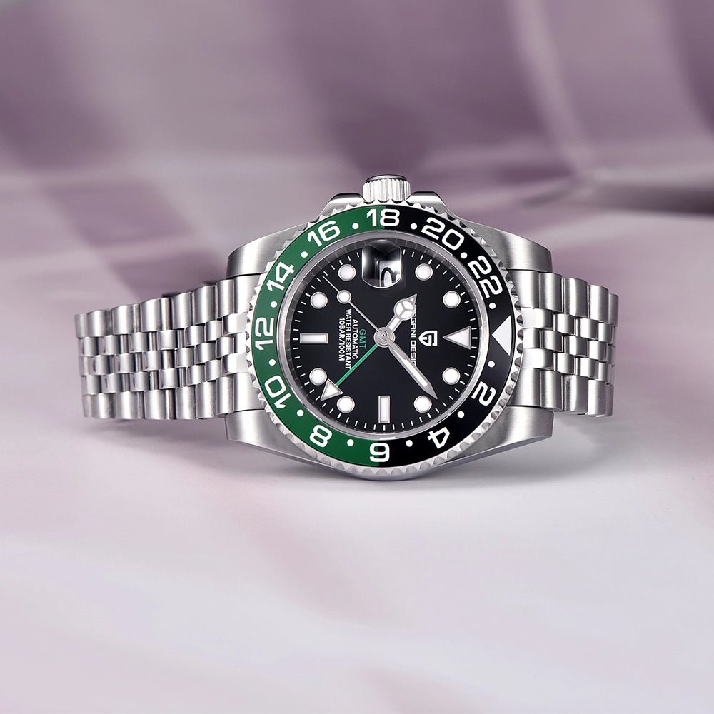 Pagani Design-Pagani Design PD-1662 Sprite GMT Automatic Left-Hand Black & Green Bezel Stainless Steel Men's Watch-Wristbear-2