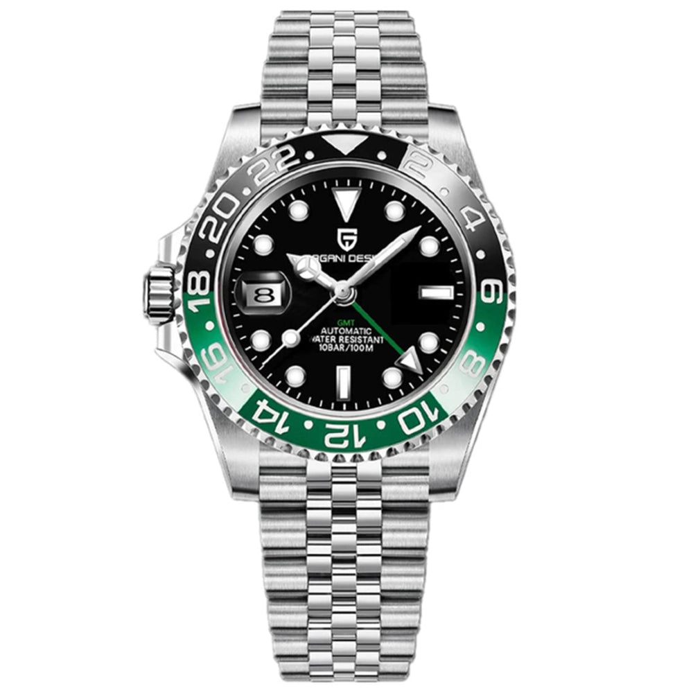 Pagani Design-Pagani Design PD-1662 Sprite GMT Automatic Left-Hand Black & Green Bezel Stainless Steel Men's Watch-Wristbear-1