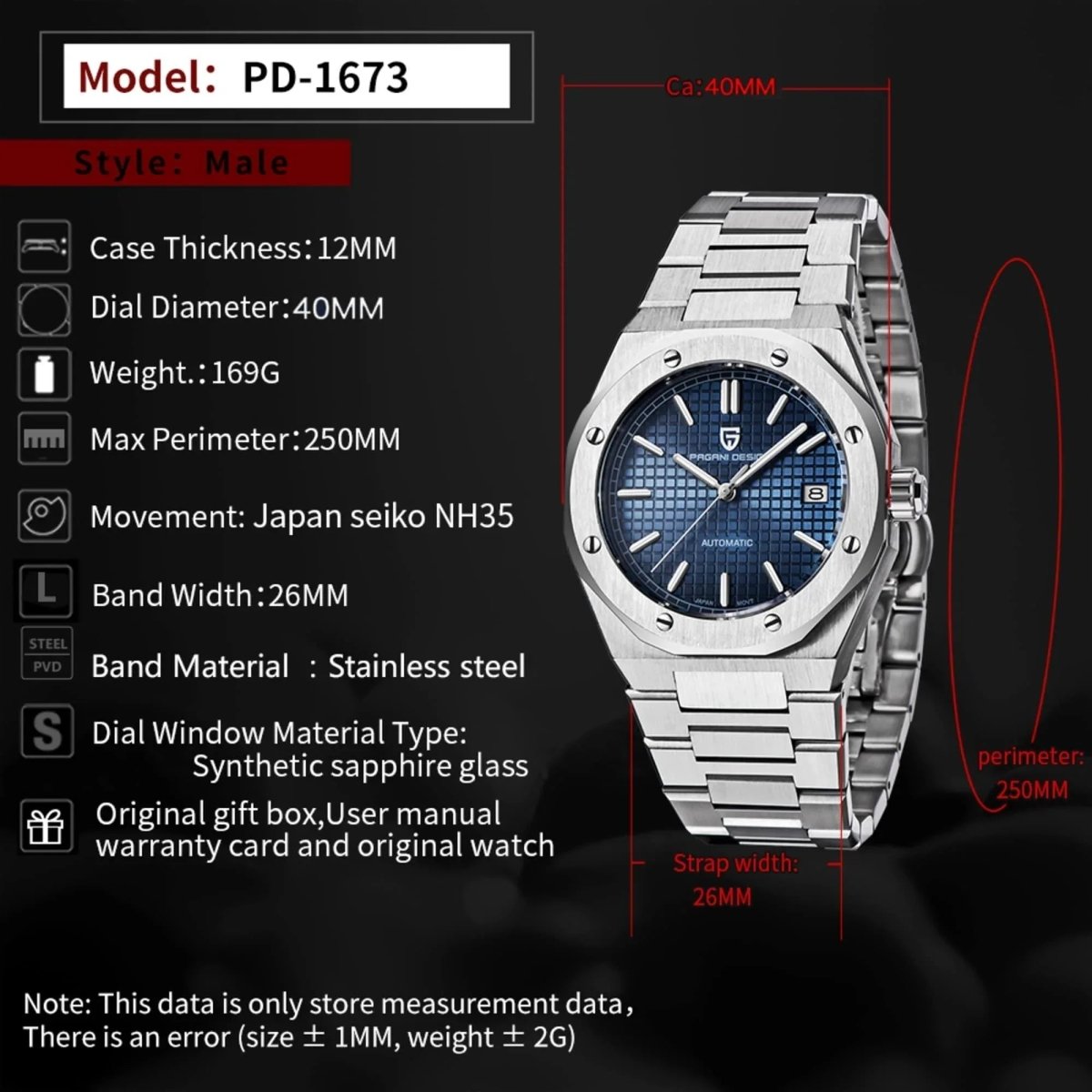 Pagani Design PD-1673 blue dial on integrated stainless-steel bracelet — image 2