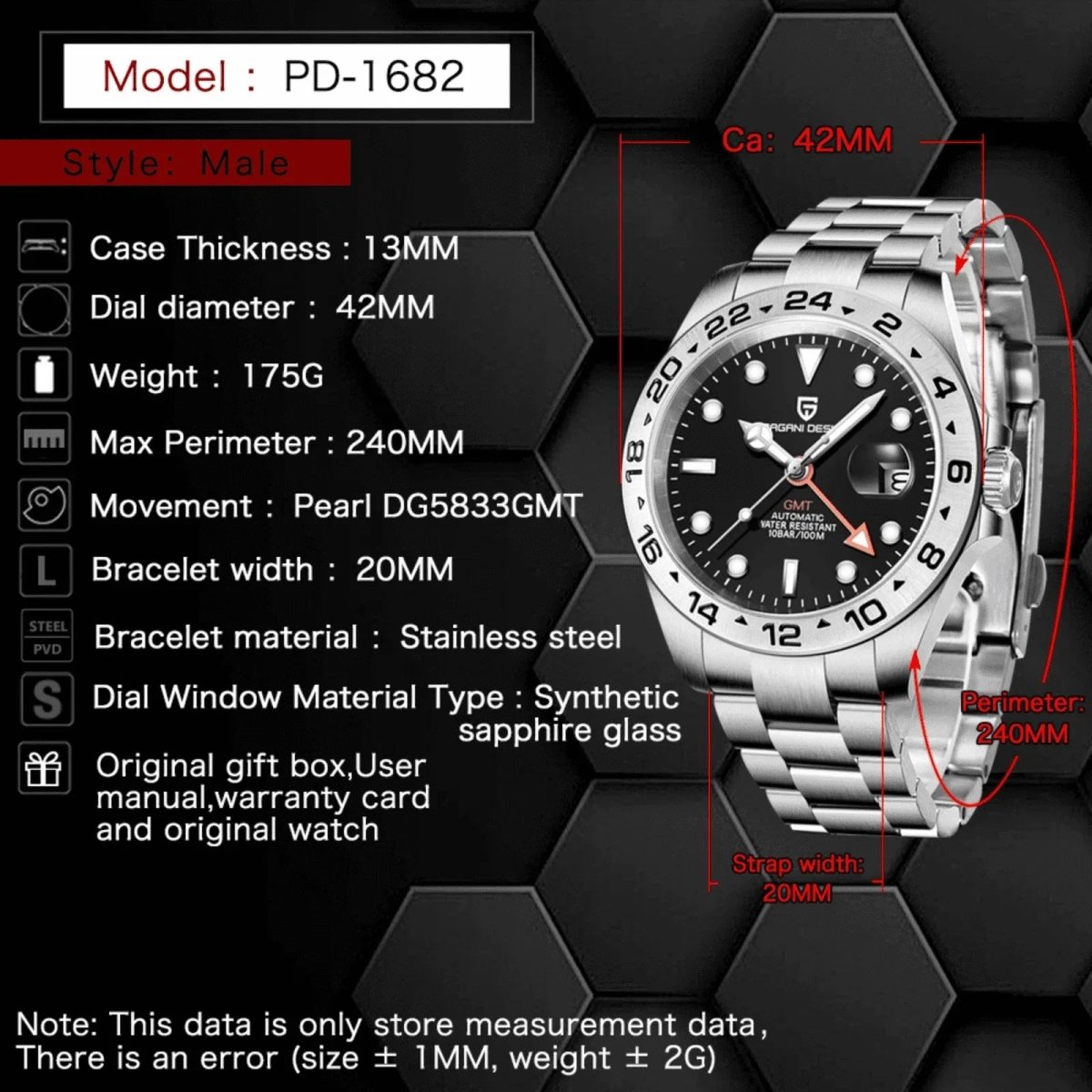 Pagani Design PD-1682 black GMT dial on Oyster-style stainless-steel bracelet — image 2