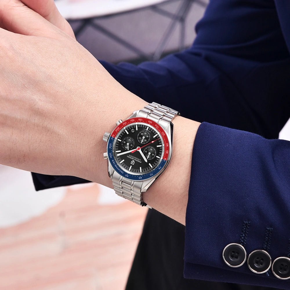 Pagani Design-Pagani Design PD-1701 Quartz Chronograph Black Dial Pepsi Bezel Stainless Steel Men's Watch-Wristbear-2