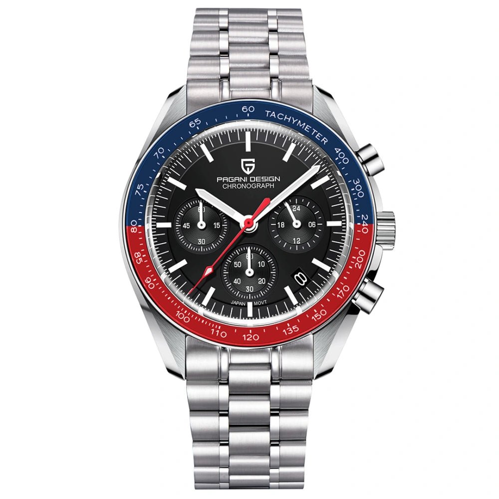 Pagani Design-Pagani Design PD-1701 Quartz Chronograph Black Dial Pepsi Bezel Stainless Steel Men's Watch-Wristbear-1
