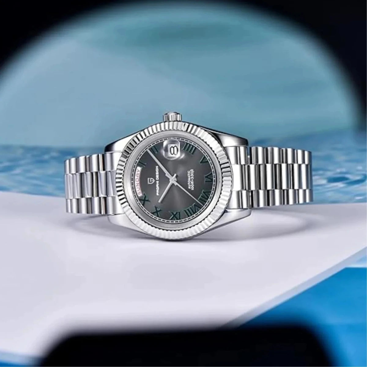 Pagani Design-Pagani Design PD-1783 Day-Date Grey "Wimbledon" Dial Jubilee Bracelet Men's Watch-Wristbear-8