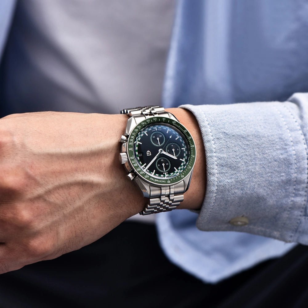 Pagani Design-Pagani Design PD-1816 Chronograph Quartz Green Dial Stainless Steel Jubilee Bracelet Men's Watch-Wristbear-2