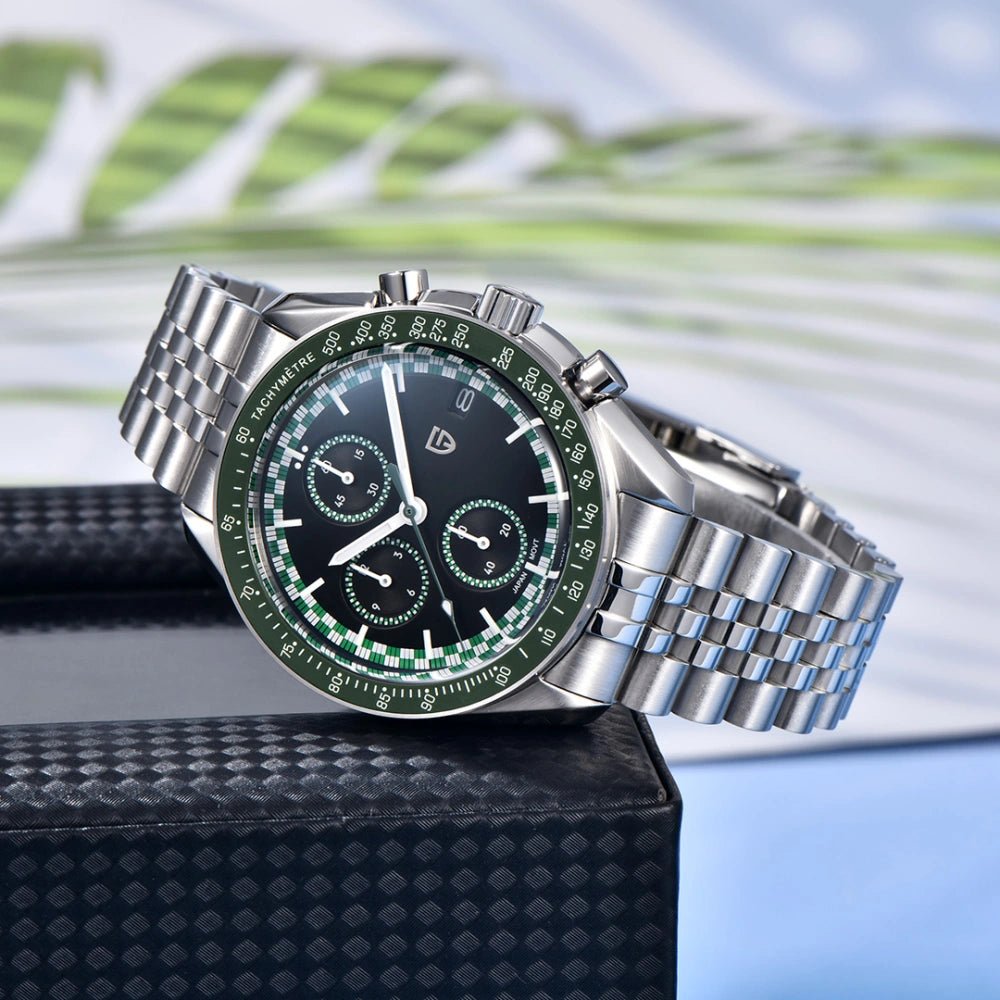 Pagani Design-Pagani Design PD-1816 Chronograph Quartz Green Dial Stainless Steel Jubilee Bracelet Men's Watch-Wristbear-3