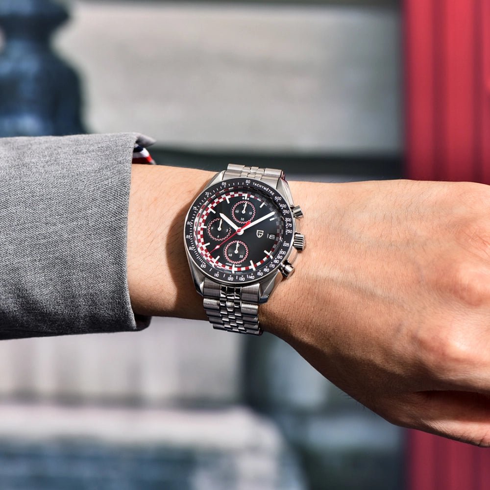 Pagani Design-Pagani Design PD-1816 Chronograph Quartz Red Dial Stainless Steel Jubilee Bracelet Men's Watch-Wristbear-2