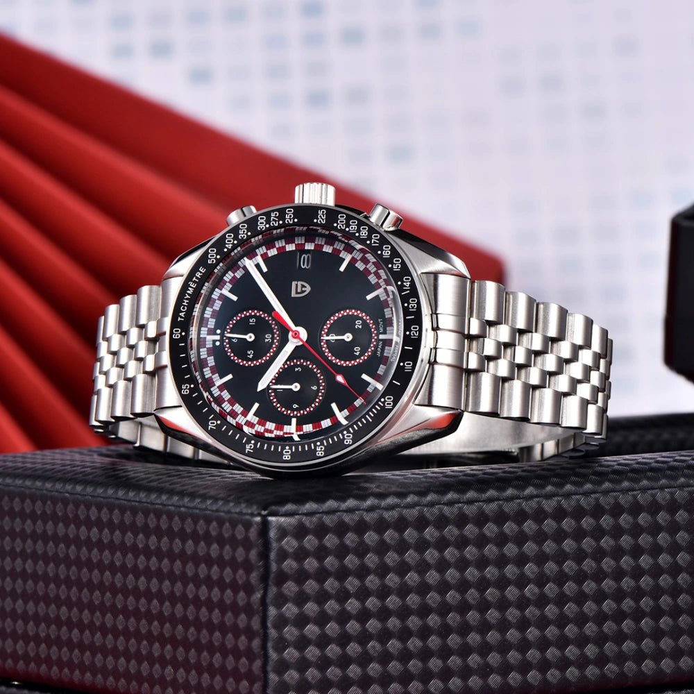 Pagani Design-Pagani Design PD-1816 Chronograph Quartz Red Dial Stainless Steel Jubilee Bracelet Men's Watch-Wristbear-4
