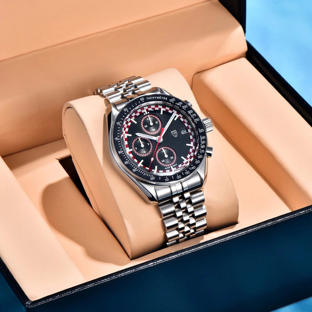 Pagani Design-Pagani Design PD-1816 Chronograph Quartz Red Dial Stainless Steel Jubilee Bracelet Men's Watch-Wristbear-5