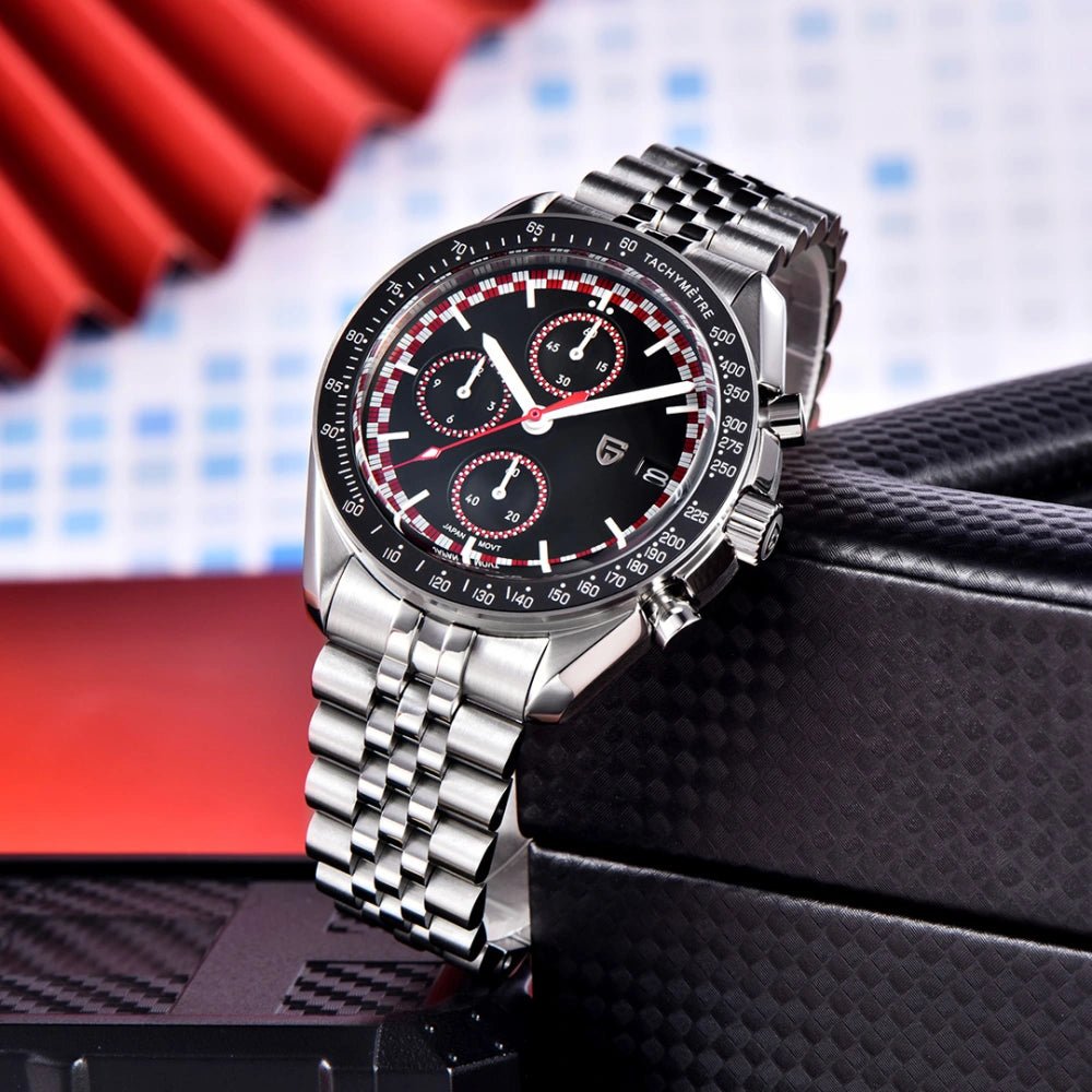 Pagani Design-Pagani Design PD-1816 Chronograph Quartz Red Dial Stainless Steel Jubilee Bracelet Men's Watch-Wristbear-3