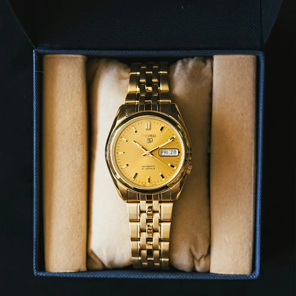 Seiko-Seiko 5 SNK366K1 Automatic Gold Dial Gold Tone Stainless Steel Men's Watch-Wristbear-3