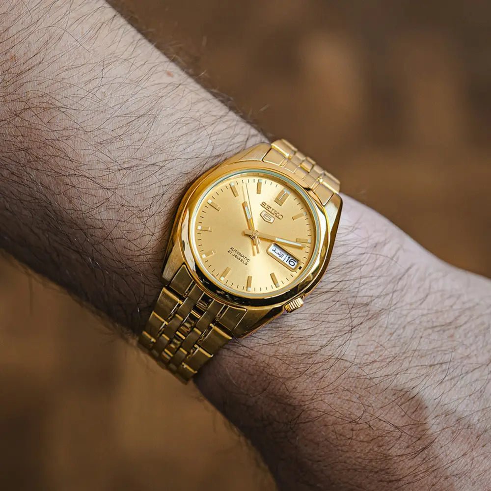 Seiko-Seiko 5 SNK366K1 Automatic Gold Dial Gold Tone Stainless Steel Men's Watch-Wristbear-2