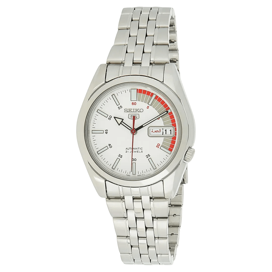 Seiko 5 SNK369K1 white dial with red accents on stainless steel bracelet