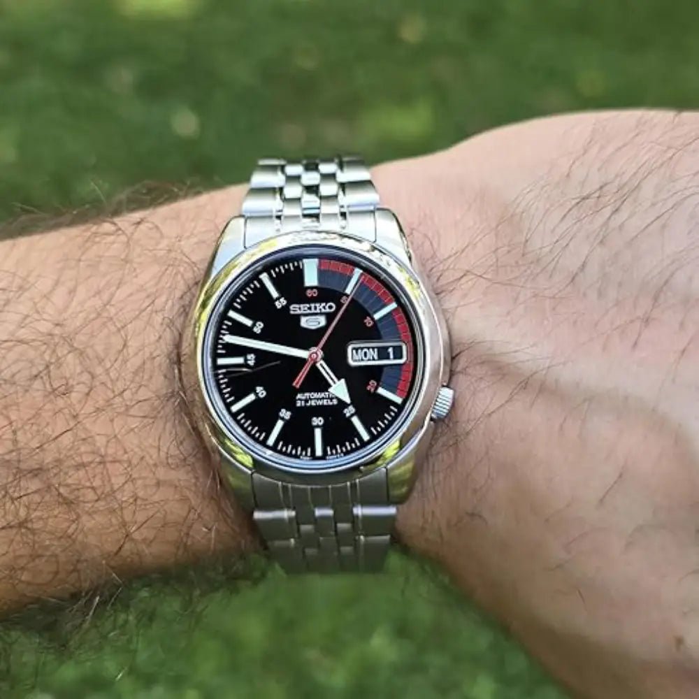 Seiko-Seiko 5 SNK375K1 Automatic Black Racing Dial Stainless Steel Men's Watch-Wristbear-2