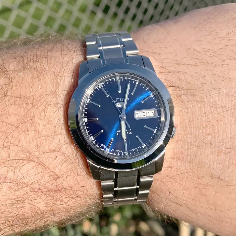 Seiko-Seiko 5 SNKE51J1 Automatic Blue Sunray Dial Made in Japan Stainless Steel Men's Watch-Wristbear-3