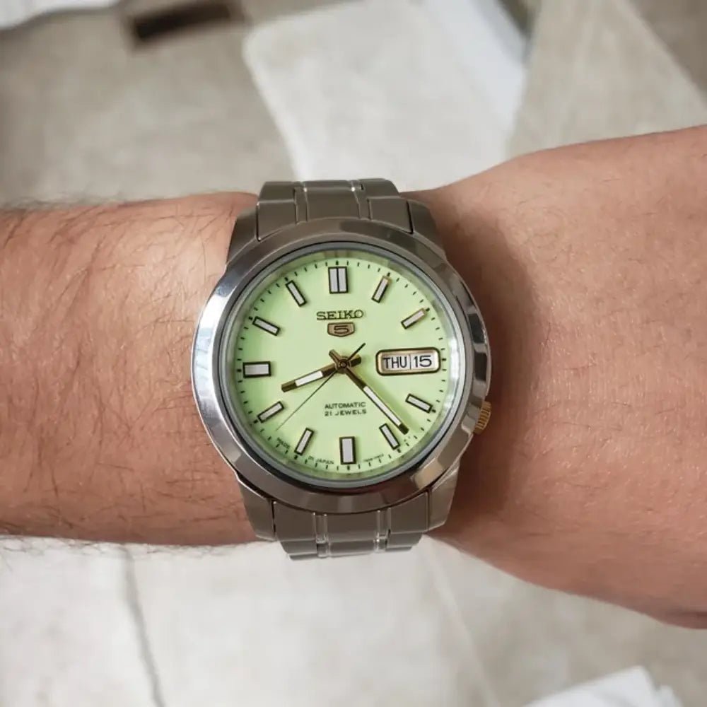 Seiko-Seiko 5 SNKK19J1 Automatic Green Full Lumibrite Dial Stainless Steel Men's Watch-Wristbear-3