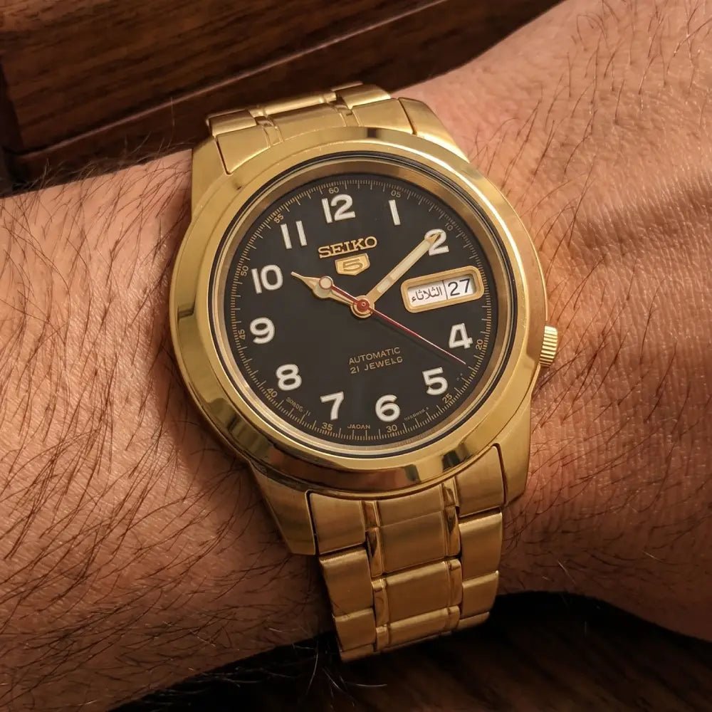 Seiko-Seiko 5 SNKK40J1 Automatic Black Dial Gold-Tone Stainless Steel Men's Watch-Wristbear-2