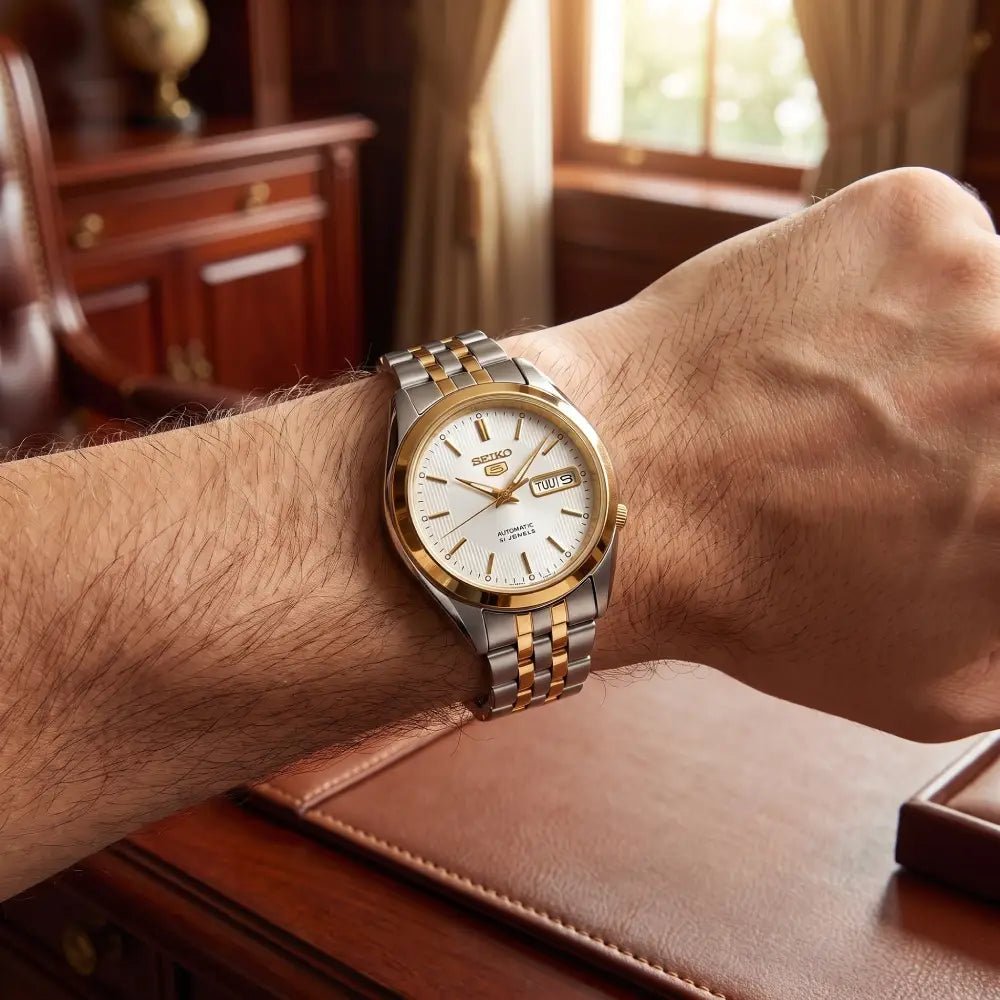 Seiko-Seiko 5 SNKL24K1 Automatic White Dial Two-Tone Stainless Steel Men's Watch-Wristbear-2
