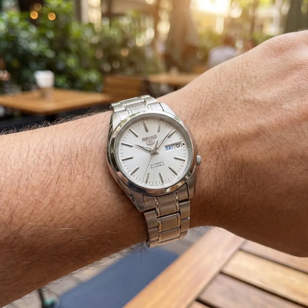 Seiko-Seiko 5 SNKL41J1 Automatic White Dial Made in Japan Stainless Steel Men's Watch-Wristbear-2