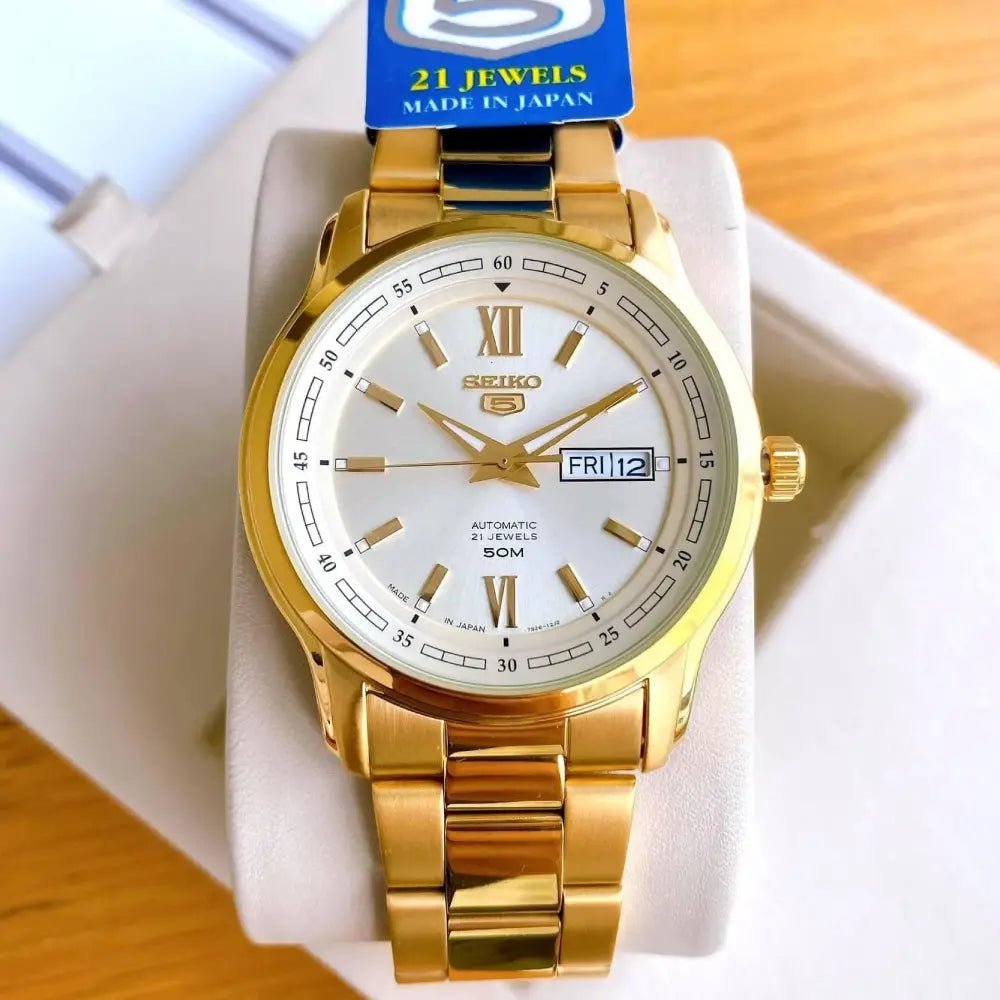 Seiko-Seiko 5 SNKP20J1 Automatic Gold Dial Gold-Tone Stainless Steel Men's Watch-Wristbear-2