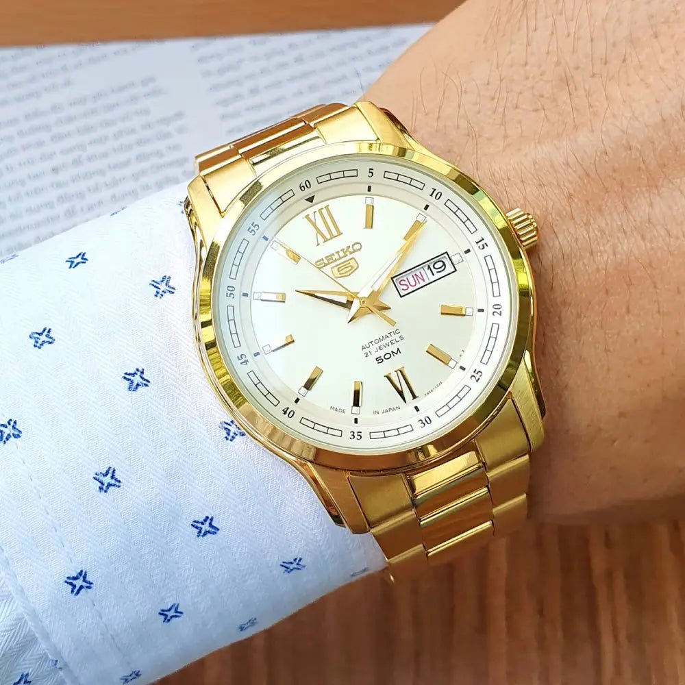 Seiko-Seiko 5 SNKP20J1 Automatic Gold Dial Gold-Tone Stainless Steel Men's Watch-Wristbear-3