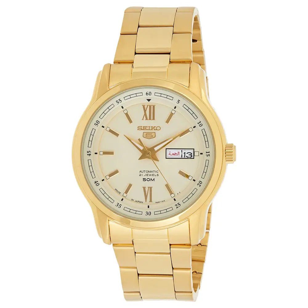 Seiko-Seiko 5 SNKP20J1 Automatic Gold Dial Gold-Tone Stainless Steel Men's Watch-Wristbear-1
