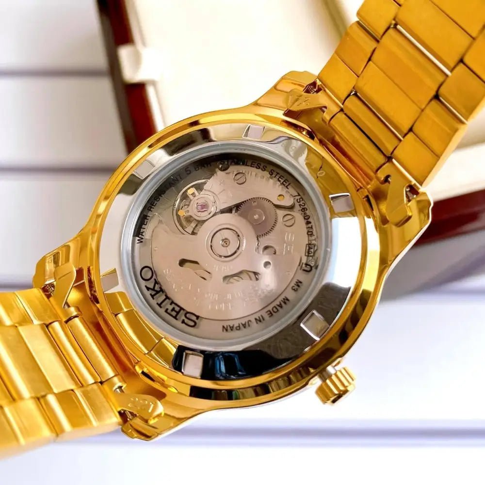 Seiko-Seiko 5 SNKP20J1 Automatic Gold Dial Gold-Tone Stainless Steel Men's Watch-Wristbear-4