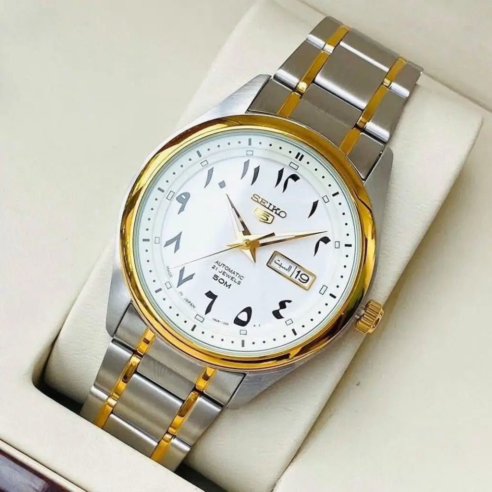 Seiko-Seiko 5 SNKP22J1 Automatic White Arabic Dial Two-Tone Stainless Steel Men's Watch-Wristbear-4