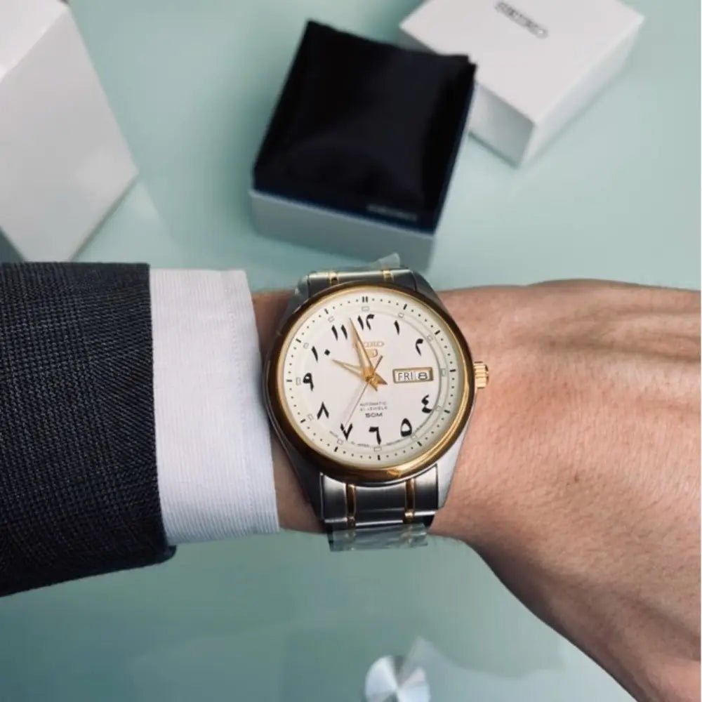 Seiko-Seiko 5 SNKP22J1 Automatic White Arabic Dial Two-Tone Stainless Steel Men's Watch-Wristbear-2