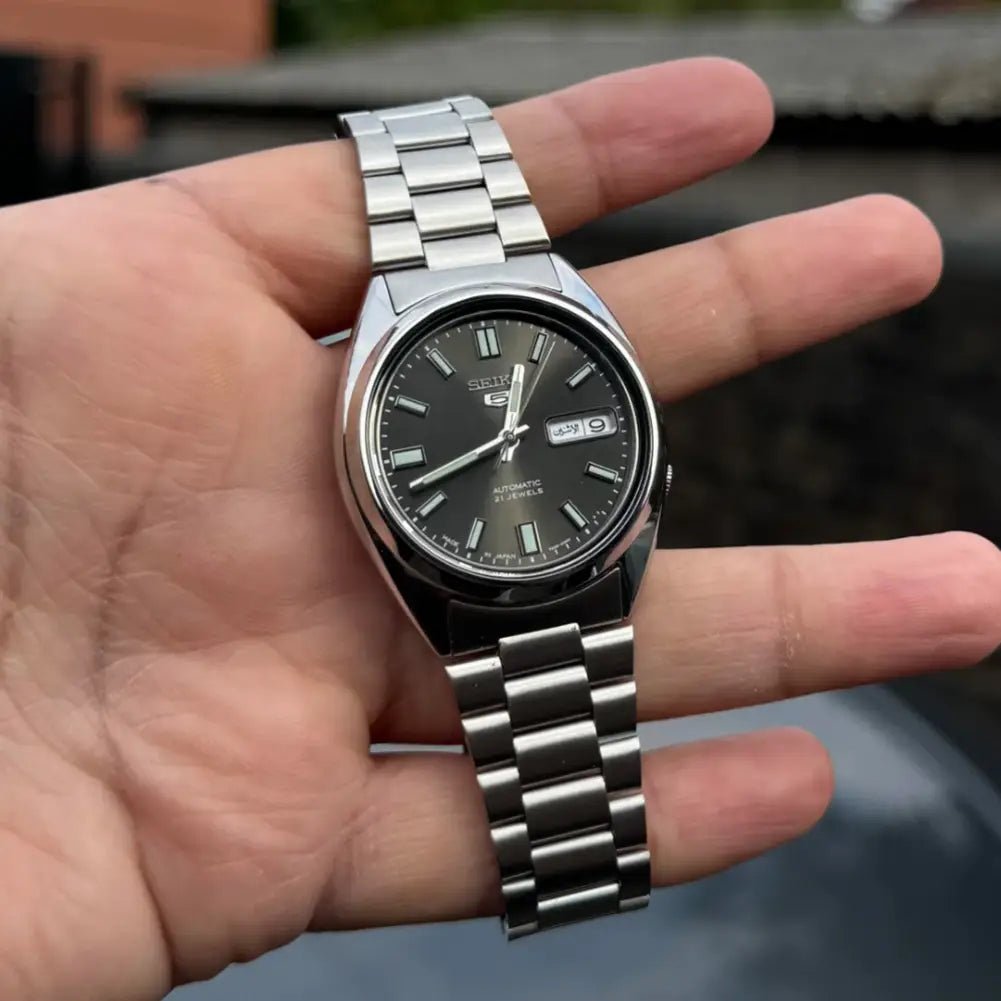 Seiko-Seiko 5 SNXS79J1 Automatic Grey Sunburst Dial Stainless Steel Made in Japan Men's Watch-Wristbear-3