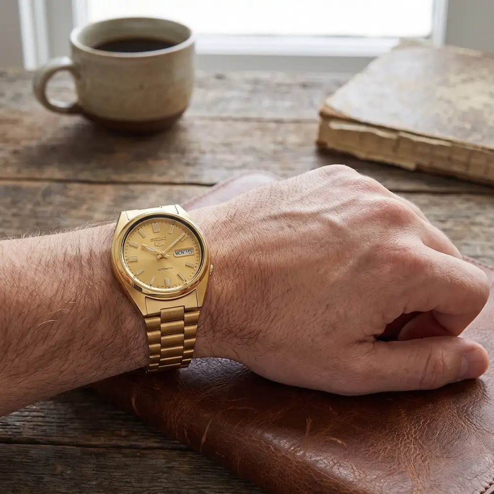 Seiko-Seiko 5 SNXS80K1 Automatic Gold Dial Gold-Tone Stainless Steel Men’s Watch-Wristbear-2