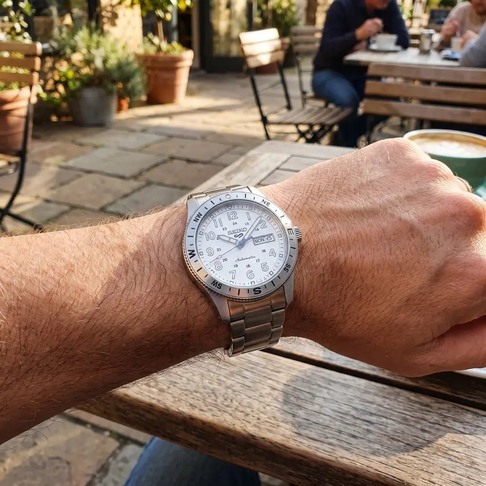 Seiko-Seiko 5 Sports Field HDB007K1 Automatic Silver-White Dial Compass Bezel Stainless Steel Men’s Watch-Wristbear-2