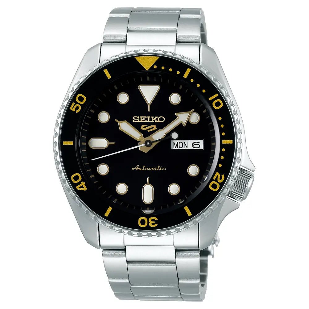 Seiko-Seiko 5 Sports SKX Series SRPD57K1 Automatic Black Dial Gold-Tone Accents Stainless Steel Men's Watch-Wristbear-1
