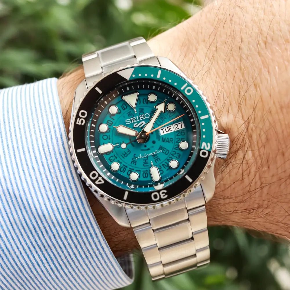 Seiko-Seiko 5 Sports SKX Series SRPJ45K1 Skeleton Style Automatic Blue Transparent Dial Steel Men's Watch-Wristbear-2