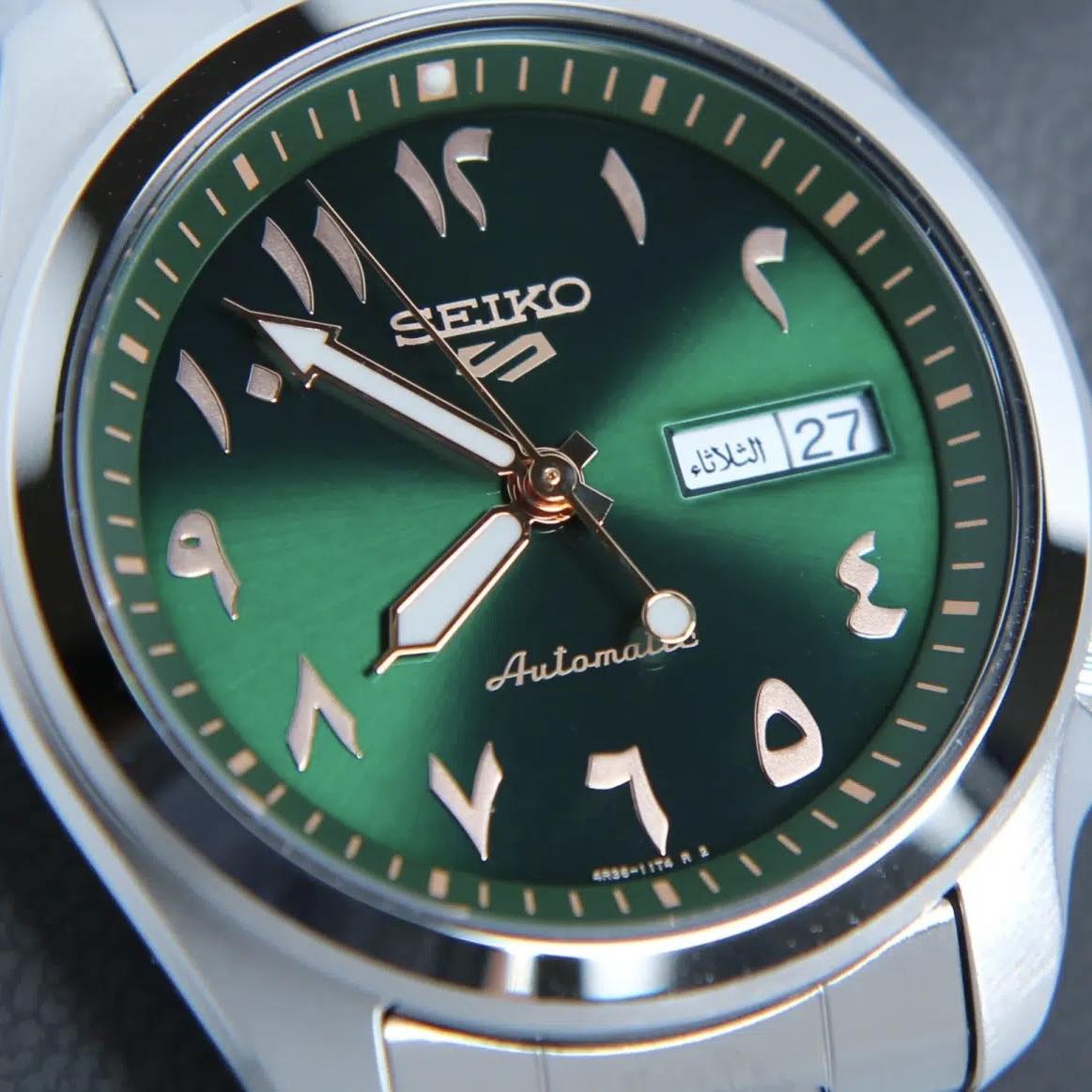 Seiko-Seiko 5 Sports SRPH49K1 Rare Arabic Green Dial Stainless Steel Men's Watch-Wristbear-4