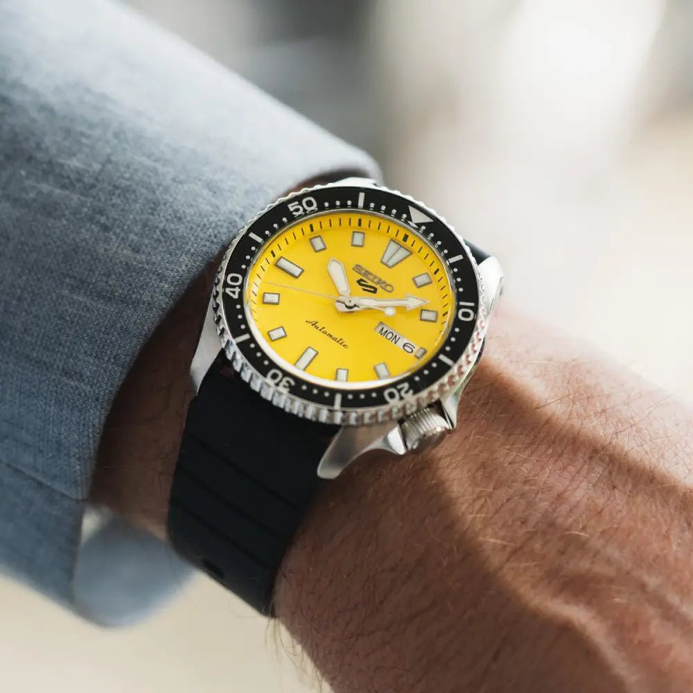Seiko-Seiko 5 Sports SRPL87K1 Automatic Yellow Dial Black Silicone Strap Men's Watch-Wristbear-2