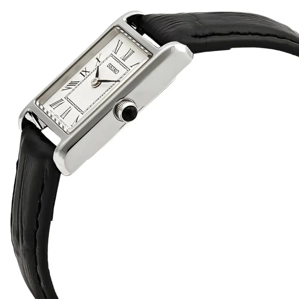Seiko-Seiko Classic SWR107P1 Quartz White Dial Tank-Style Black Leather Strap Women's Watch-Wristbear-3