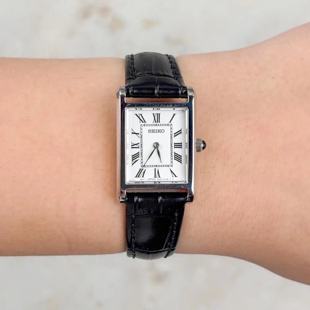Seiko-Seiko Classic SWR107P1 Quartz White Dial Tank-Style Black Leather Strap Women's Watch-Wristbear-2