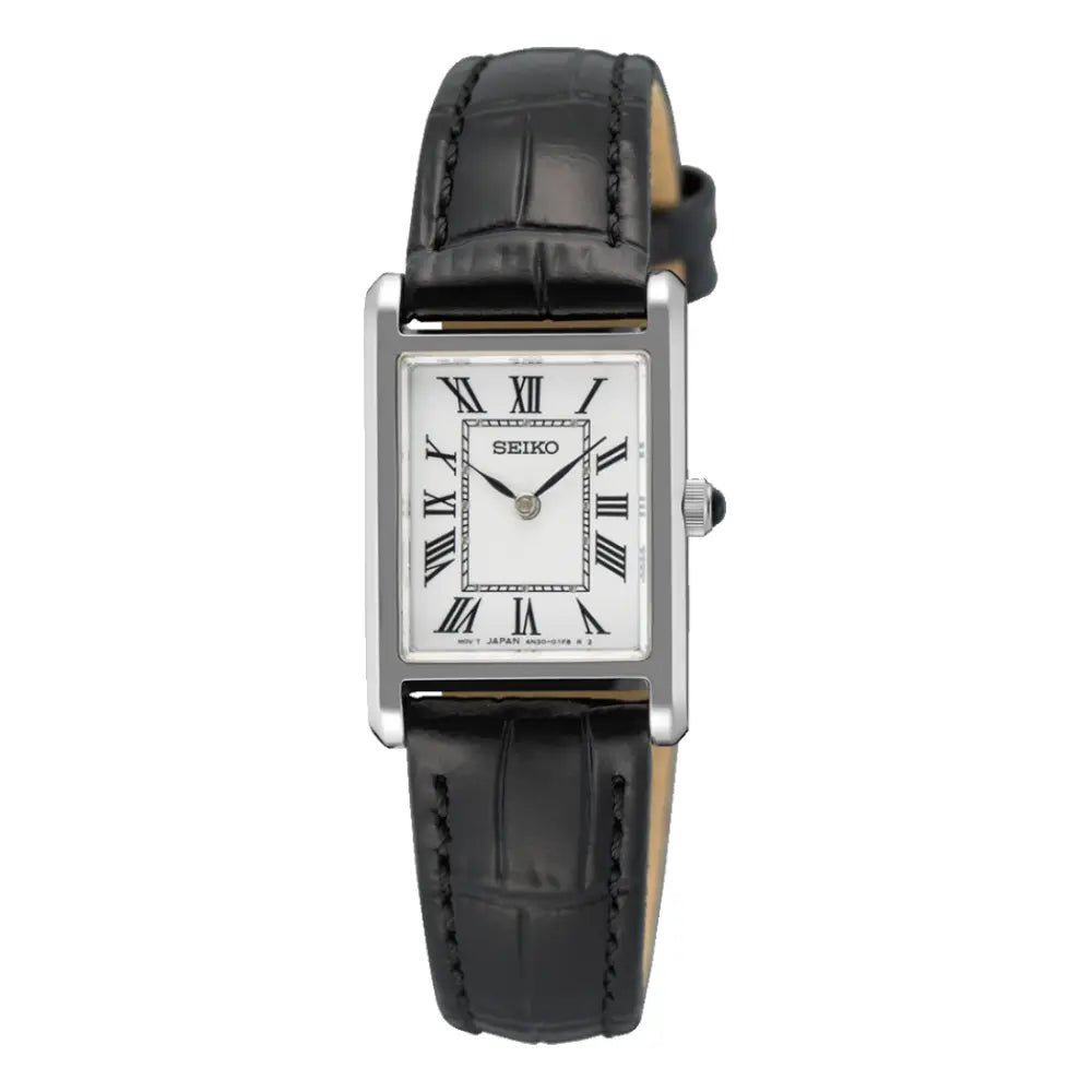 Seiko-Seiko Classic SWR107P1 Quartz White Dial Tank-Style Black Leather Strap Women's Watch-Wristbear-1