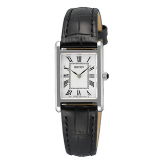 Seiko Classic SWR107P1 Quartz White Dial Tank-Style Black Leather Strap Women's Watch