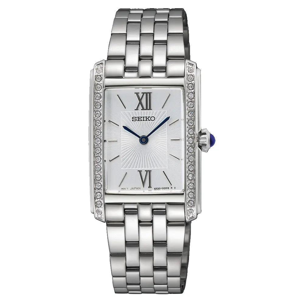 Seiko-Seiko Essentials SWR091P1 Tank Style Quartz White Dial Stainless Steel Women's Watch-Wristbear-1